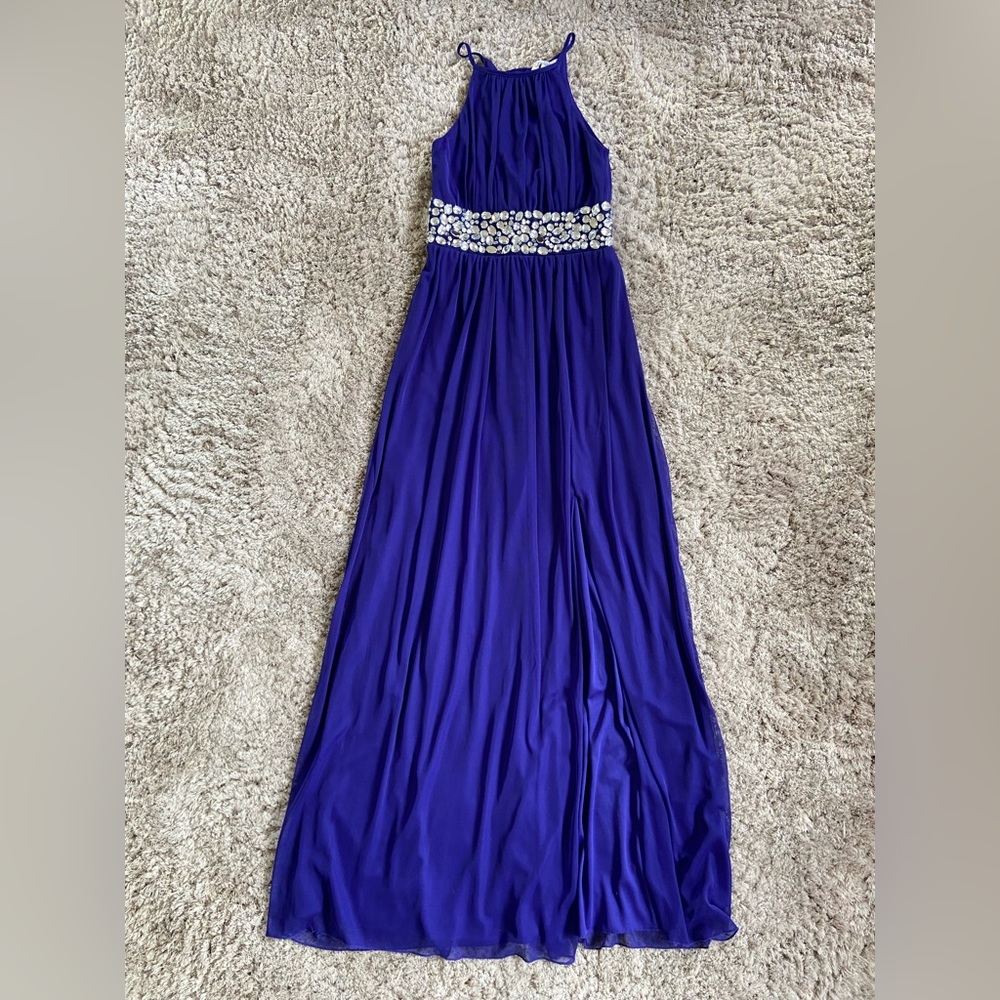 Purple/blue halter dress with beaded waistline & left-sided slit
